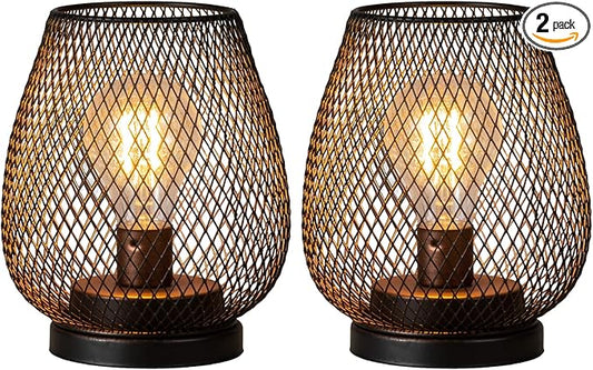 DECORKEY Set of 2 Rechargeable LED Table Lantern, Brown Metal Cage Cordless Lamps with LED Bulb，Vintage Decorative Outdoor Lantern for Weddings, Parties, Patio, Events for Indoors Shelf Decor-VerdiqueGarden