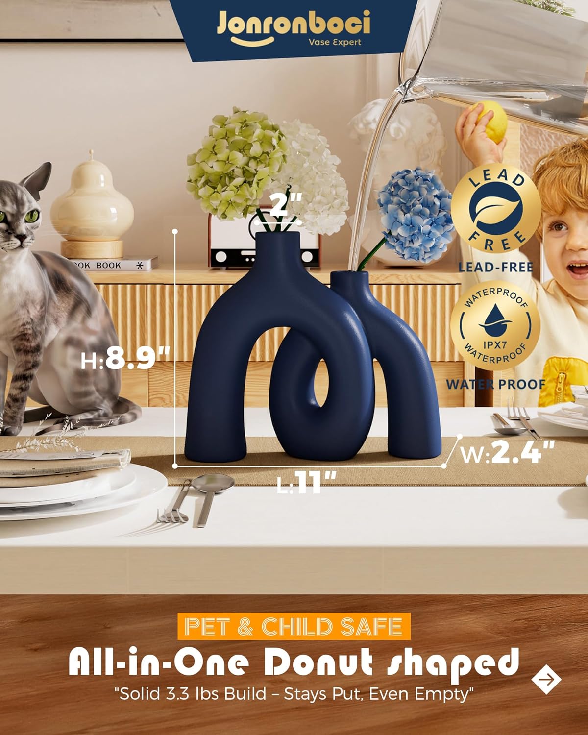 Hug Donut Decorative Vase Set - Navy Blue Vase, Modern Coastal Style Vases Home Decor, Matte Ceramic Decorations for Living Room Shelf, Bookshelf Mantle Entryway Table or Console Décor (Navy Blue)-VerdiqueGarden