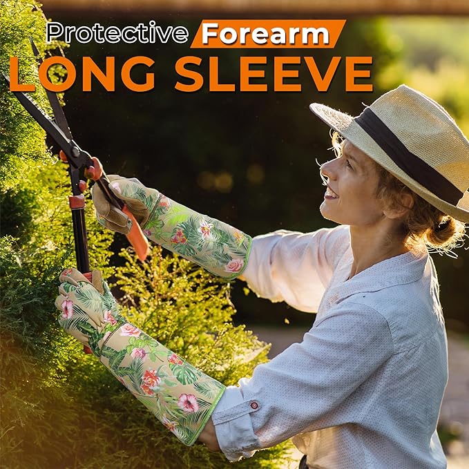 HANDLANDY Leather Gardening Gloves for Women, Thorn Proof Breathable Ladies Rose Pruning Garden Gauntlet Yard Gloves, Gift for Gardeners (Khaki, L)-VerdiqueGarden