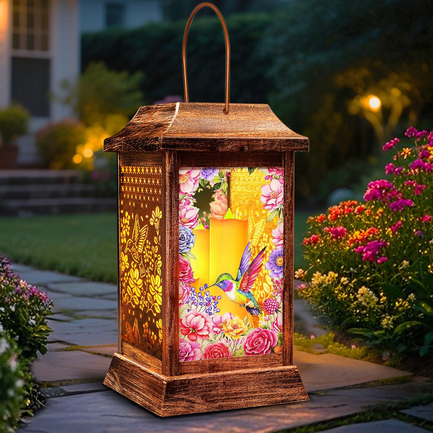 Hummingbird Solar Lanterns Outdoor Hanging Lanterns, Metal Glass Garden Decor Solar Lights, Gifts for Women Mom Birthday Grandma Mothers Day, Waterproof Decorative Lantern for Outside Patio Yard-VerdiqueGarden
