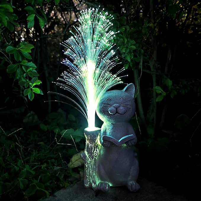 Cat Solar Garden Statues,Resin Cat Figurine Reading a Book and 7-Color Changing Optical Fiber with Solar Lights, Lawn Decor Outdoor Statue for Patio,Balcony,Yard,Lawn Ornament-VerdiqueGarden