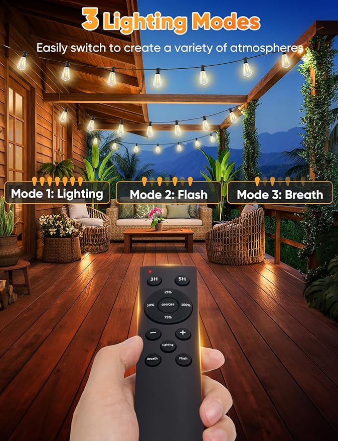 Brightever 120FT LED Outdoor String Lights with Remote, Patio Lights Outdoor Waterproof with 36+2 Shatterproof ST38 LED Bulbs, Dimmable Outside Hanging Light for Porch, Garden, Backyard, Cafe, 2700K-VerdiqueGarden