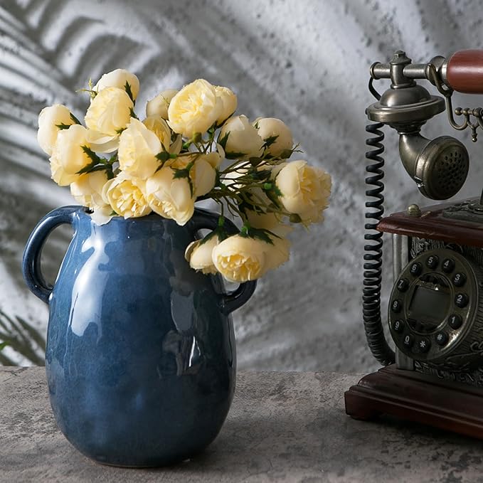 Blue Ceramic Vase with 2 Handles - Modern Farmhouse Rustic Terracotta Decorative Clay Boho Vase for Pampas Grass and Home Decor-VerdiqueGarden