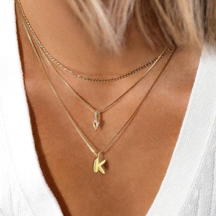 Bubble Gold Silver Letter Necklace Initial Necklaces for Women Trendy 14K Dainty Charm Pendant Name Necklace Personalized Jewelry Gift for Women Teen