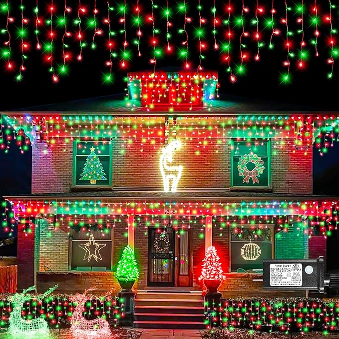 Icicle Lights for Outside, 33FT 400 LED Christmas Lights Outdoor with Waterproof 8 Modes, Plug in Connectable String Twinkle Light for Indoor Roof Window Garden Fence Party Decorations, Red Green-VerdiqueGarden