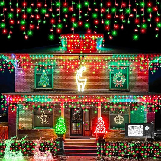 Icicle Lights for Outside, 33FT 400 LED Christmas Lights Outdoor with Waterproof 8 Modes, Plug in Connectable String Twinkle Light for Indoor Roof Window Garden Fence Party Decorations, Red Green-VerdiqueGarden