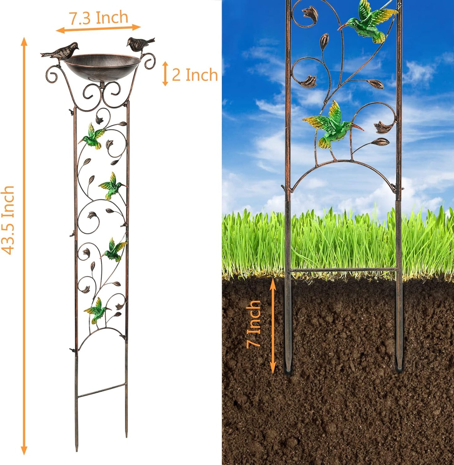 LEWIS&WAYNE Garden Trellis Bird Bath Outdoor, 40 Inch Antique Iron Garden Plant Trellis Decorative with Hummingbirds and Detachable Drinking Basin Bowl, Free Standing BirdBath Birdfeeder Station-VerdiqueGarden