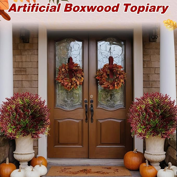 Yunlly 4 Pcs 18 Inch Artificial Boxwood Ball Topiary Tree Fake Outdoor Plants Bush, UV Resistance Faux Shrub with Spike Realistic Greenery Potted for Indoor Garden Yard Porch Patio Decor (Purple Red)-VerdiqueGarden