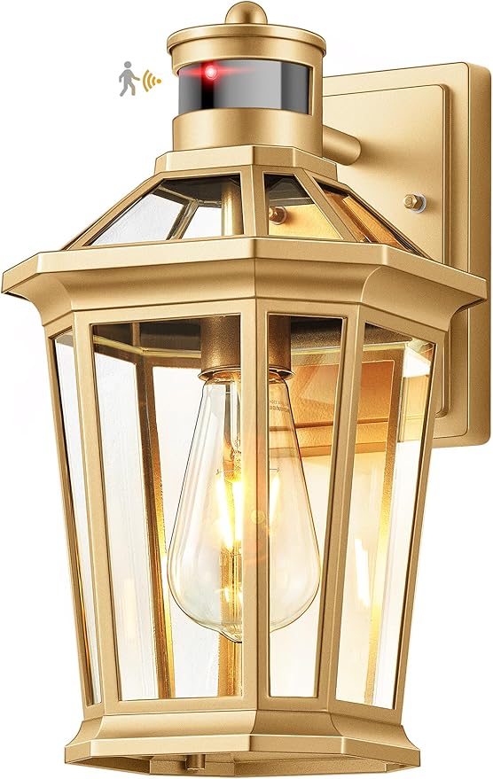 VIANIS Gold Outdoor Wall Lights with Motion Sensor, Dusk to Dawn Outside Porch Lights Lantern, Waterproof Weather Resistant Exterior Lights for House, Doorway, Garden, Home with Clear Glass Shade-VerdiqueGarden