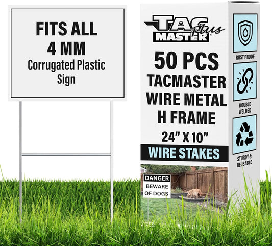 Tacmaster Wire Metal Yard and Sign H Stakes – Durable Blank Lawn Sign Posts for 4mm Corrugated Panels, Real Estate Signs, Waterproof and Wind Resistant, Ideal for Outdoor Use, 24"x10" – 50 Pack-VerdiqueGarden