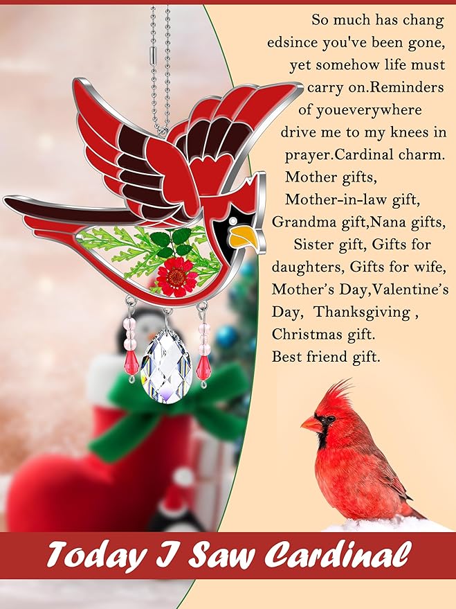 KY&BOSAM Cardinal Suncatcher Crystal Had Painted Glass Sun catchers Hangings for Windows Ornament with Pressed Real Flower and Heart Charm Birthday Gifts for Women Mom Mother's Day Christmas Mom Gifts-VerdiqueGarden