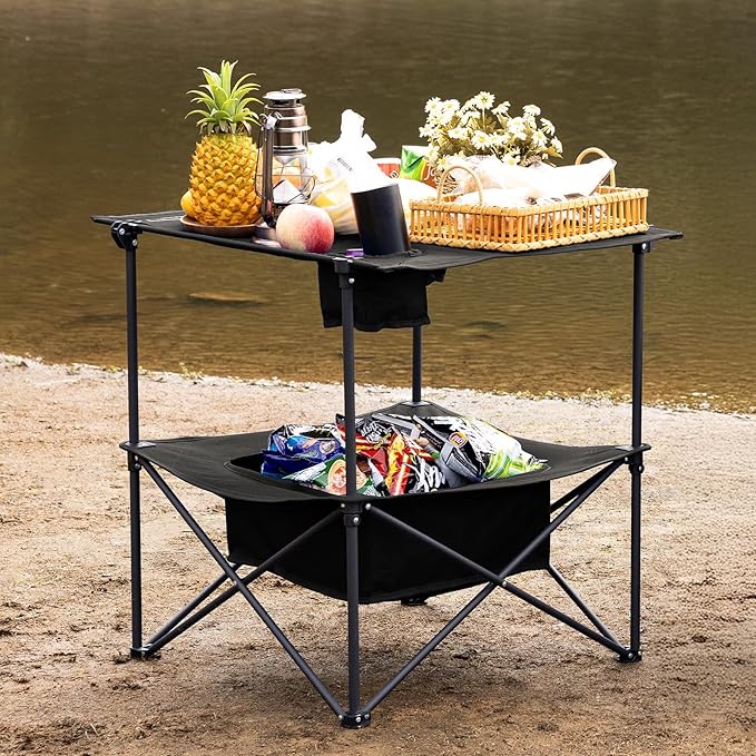 Folding Camping Table, Portable Outdoor Picnic Table, Rectangular Lightweight Camp Table with Storage, Cup Holder and Carry Bag for Barbeque Beach Camping and Tailgate-VerdiqueGarden