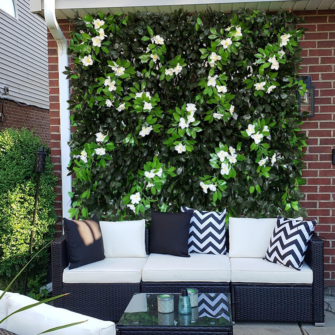 Expandable Fence Privacy Screen for Balcony Patio Outdoor,Decorative Faux Ivy Fencing Panel,Artificial Hedges (Single Sided Leaves) (4, Branches -White Fowers)-VerdiqueGarden