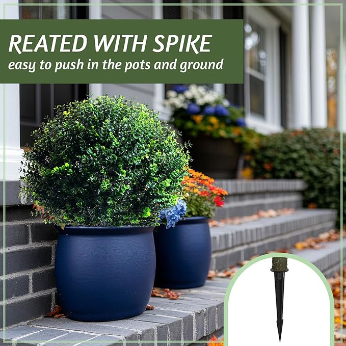 Yunlly 2 Pcs 18 Inch Artificial Boxwood Ball Topiary Tree Fake Outdoor Plants Bush, UV Resistance Faux Shrubs with Spike Realistic Greenery Potted for Indoor Garden Yard Porch Patio Decor (Dark Green)-VerdiqueGarden