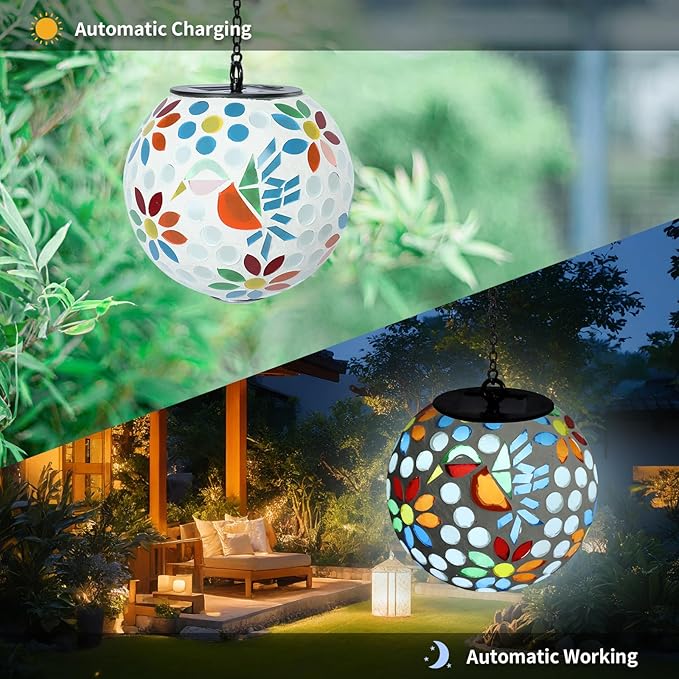 VCUTEKA Solar Chandelier Outdoor, Hanging Mosaic SolarLights with Hook Up, Solar Garden Lantern Decor for Yard, Deck and Patio, White-VerdiqueGarden