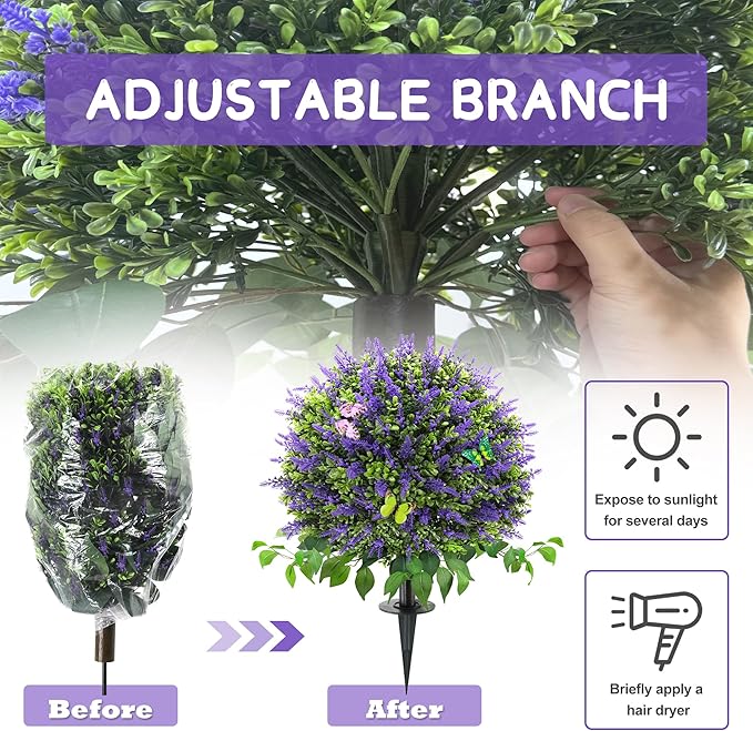 28" Artificial Boxwood Topiary Ball with Lavender, UV Resistant Topiary Tree Faux Boxwood Ball Shaped Porch Bushes with Ground Spike Artificial Bushes for Outdoors Front Door Decor Home Garden-VerdiqueGarden