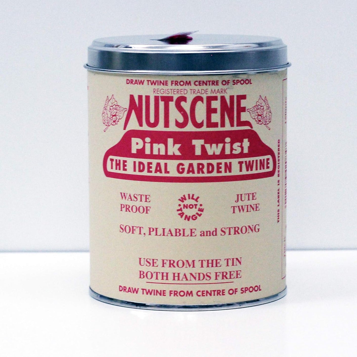 NUTSCENE Iconic Tin (Tin ‘O’ Twine) with Their Heritage Scottish Jute Twine and Hole in Top for Easy Dispensing. 14 Colors to Choose from. 164 Yards. (Pink)-VerdiqueGarden