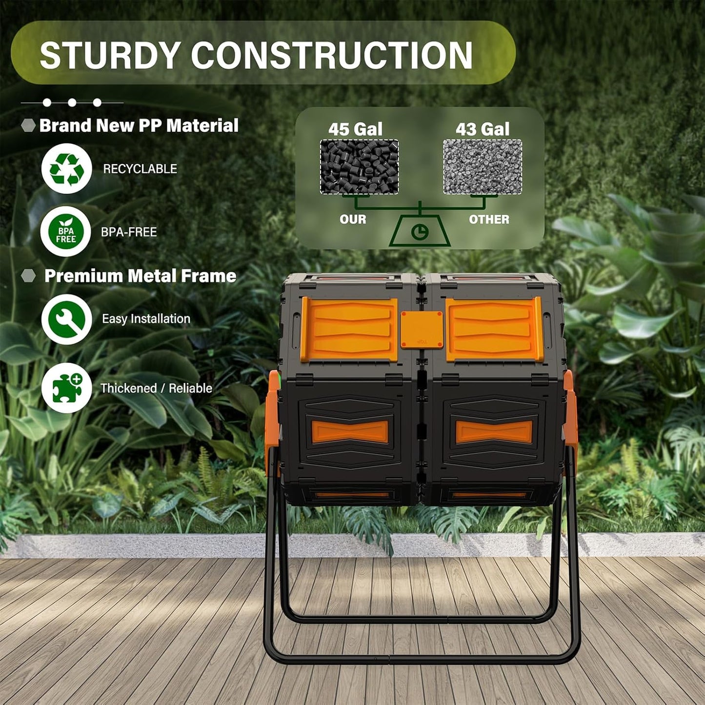 Compost Bin Outdoor, 45 Gallon / 170L Composter Tumbler, 360° Rotating Compost Bin Outdoor, BPA-Free Fast-Working All-Season Heavy-Duty Dual Chamber Compost Tumbler for Garden Kitchen Yard Waste-VerdiqueGarden