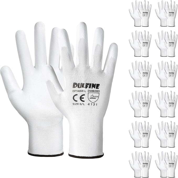 Safety Work Gloves PU Coated-12 Pairs,White Seamless Knit Glove with Polyurethane Coated Smooth Grip on Palm & Fingers, for Men and Women, Ideal for General Duty Work (X-Large)-VerdiqueGarden