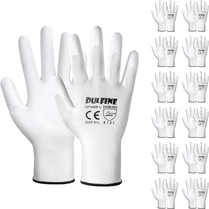 DULFINE Safety Work Gloves PU Coated-12 Pairs,White Seamless Knit Glove with Polyurethane Coated Smooth Grip on Palm & Fingers, for Men and Women, Ideal for General Duty Work (Medium)-VerdiqueGarden