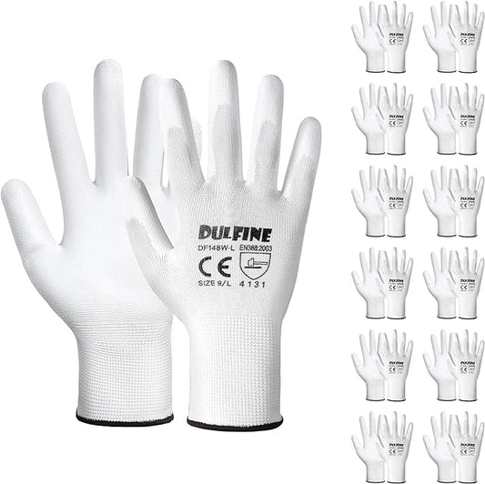 DULFINE Safety Work Gloves PU Coated-12 Pairs,White Seamless Knit Glove with Polyurethane Coated Smooth Grip on Palm & Fingers, for Men and Women, Ideal for General Duty Work (Medium)-VerdiqueGarden