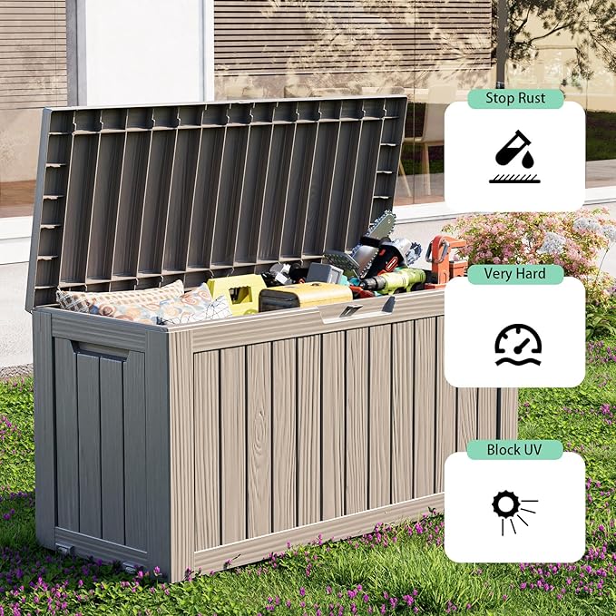 75 Gallon Resin Deck Box, Lockable Outdoor Storage Box for Patio Cushions Storage Furniture,Garden Tools, Pool Supplies, Weatherproof and UV Resistant (Grey)-VerdiqueGarden