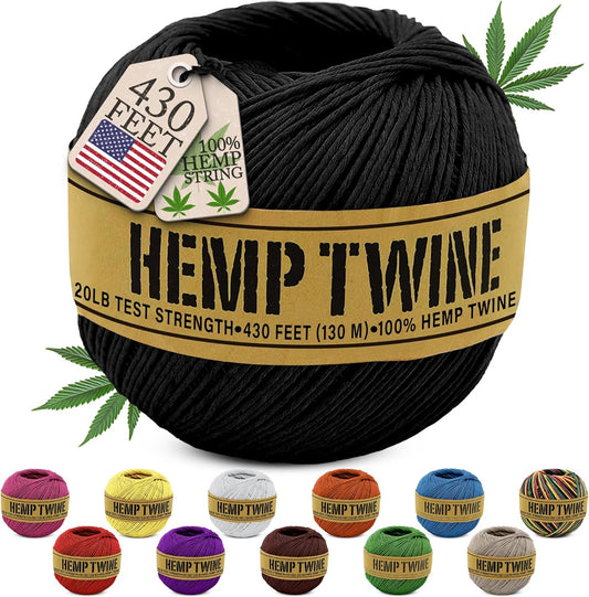 Hemp Twine for Gardening - Twine for Crafts - Organic Natural Hemp String for Jewelry Making - Strong Durable Cord for Decoration, Macrame + Cooking - 1MM, 100G/430 Ft. - 20 lb. Test Strength - Black-VerdiqueGarden