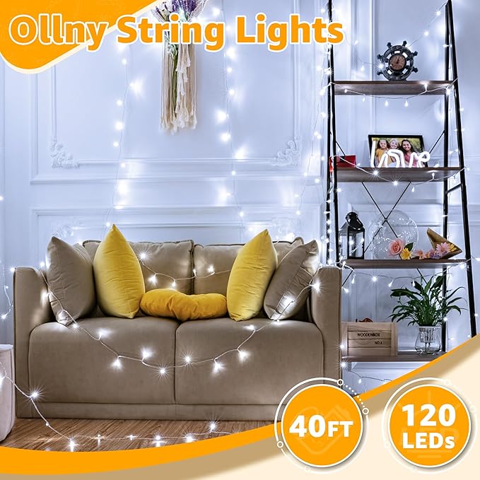 Ollny 120LED 40FT String Lights, Waterproof Connectable Fairy Lights with Timer 8 Modes, Cool White Plug in Christmas Light for Indoor Outdoor Patio Party Bedroom Classroom Decor-VerdiqueGarden