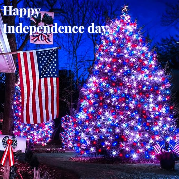 EEW 2pk Red White and Blue Solar String Lights Outdoor Waterproof, Solar Powered LED Patriotic Lights 200 LED, Solar Tree Lights for Independence Day Decor 4th of July Memorial Day Decorations-VerdiqueGarden