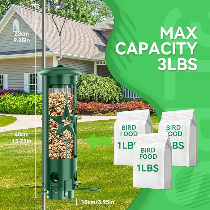 Squirrel Proof Bird Feeders for Outdoors Hanging, Metal Squirrel Proof Bird Feeder with Gravity Protection, 3LB Large Capacity Wild Bird Feeders for Outside Finch, Cardinal, Blue Jay (Green)-VerdiqueGarden