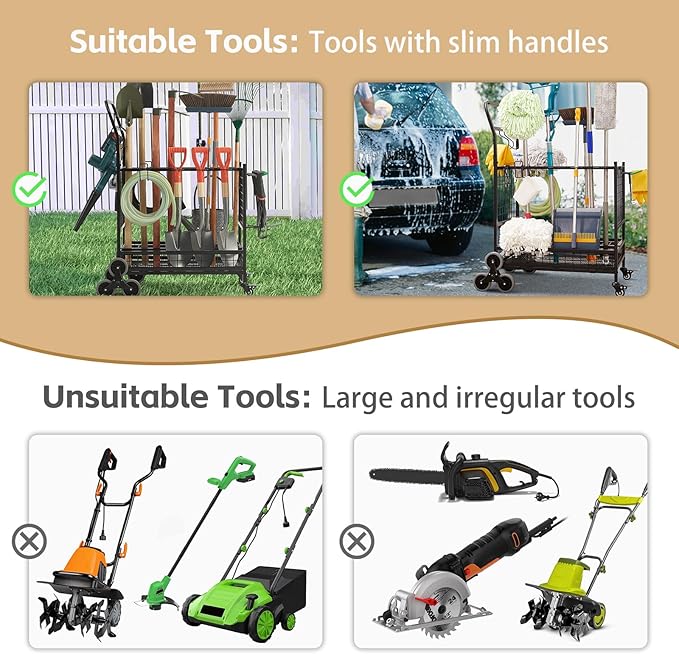 Lauren&Harold Garden Tool Organizer for Garage, Yard Tools Storage Rack with 2 Stair-Climbing Wheels, Gardening Tool Storage Holder for Garage, Yard, Lawn and Outdoor, Garden Tool Rolling Cart-VerdiqueGarden