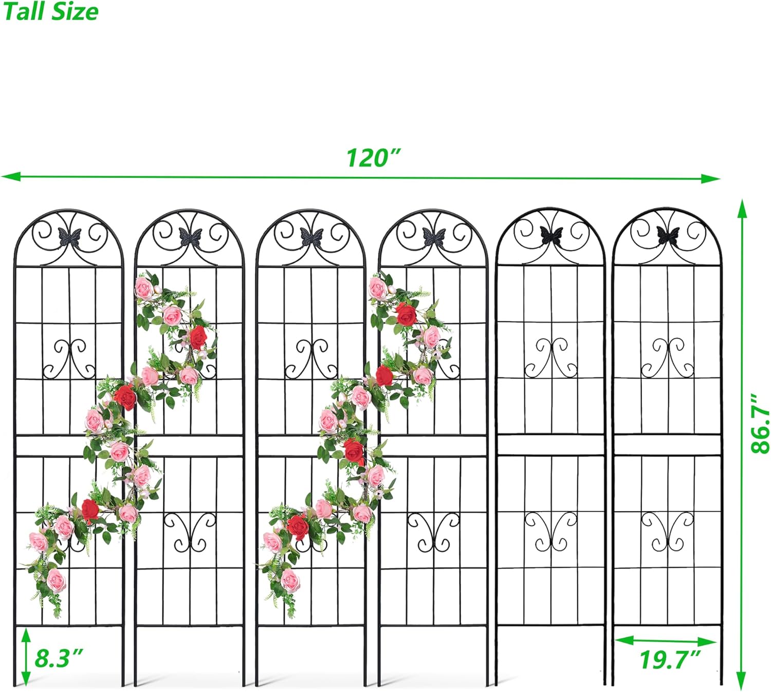 6 Pack Metal Garden Trellis 87" Tall for Climbing Plants Garden Fence Rustproof Outdoor Trellis Support Roses Flower Lawn, Black 7.2FT-VerdiqueGarden