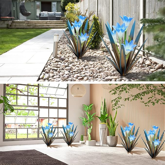 Homight Metal Agave Plants Outdoor Decor Mexican Yard Art Plants Garden Decor for Outside Metal Art Flowers Gifts for Butterflies Bees Birds for Gifts (2 Big&Lily)-VerdiqueGarden