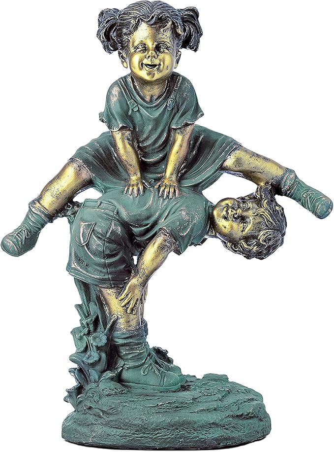 Alpine Corporation 26" Tall Indoor/Outdoor Girl Jumping Over Boy Statue Yard Art Decoration-VerdiqueGarden