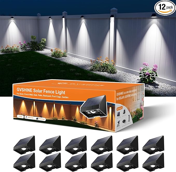 12 Pack Decorative Solar Powered Fence Lights Outdoor Waterproof with Cool White LED Spot Lens, for Outside Wall, Deck, Patio, Yard, Rail, Garage, Pool, Designed for Enhanced Security, Easy Install-VerdiqueGarden