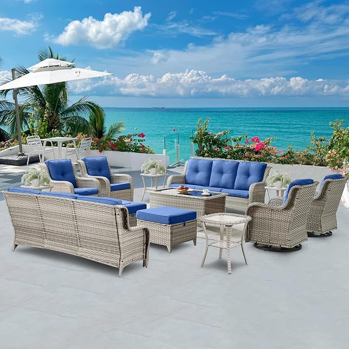 Wicker Patio Furniture Sets - 13 Piece Outdoor Rattan Furniture Conversation Sets with 4 Swivel Rocker Chairs, 2 Rattan Sofas, Wicker Ottomans and Coffee Table, Light Grey/Blue-VerdiqueGarden