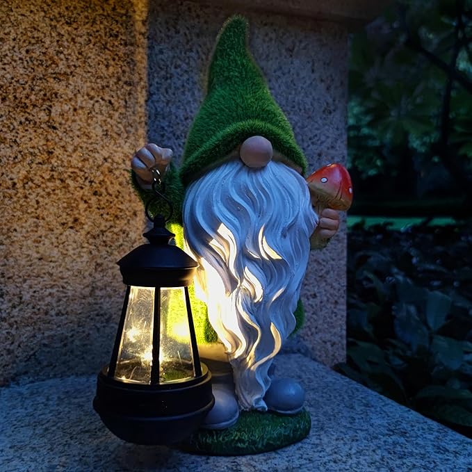 Solar Gnomes Garden Statues,Resin Gnome Figurine Holding Mushroom and Solar Lights Lantern,Outdoor Yard Art Decorations for Garden Patio Lawn-VerdiqueGarden