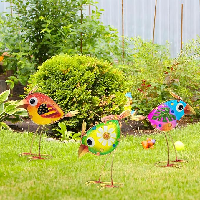 Garden Decor Metal & Glass Bird Decor for Indoor & Outdoor Set of 3 Birds, Lawn Ornaments for Patio Yard Porch, Outdoor Statue Decorations-VerdiqueGarden