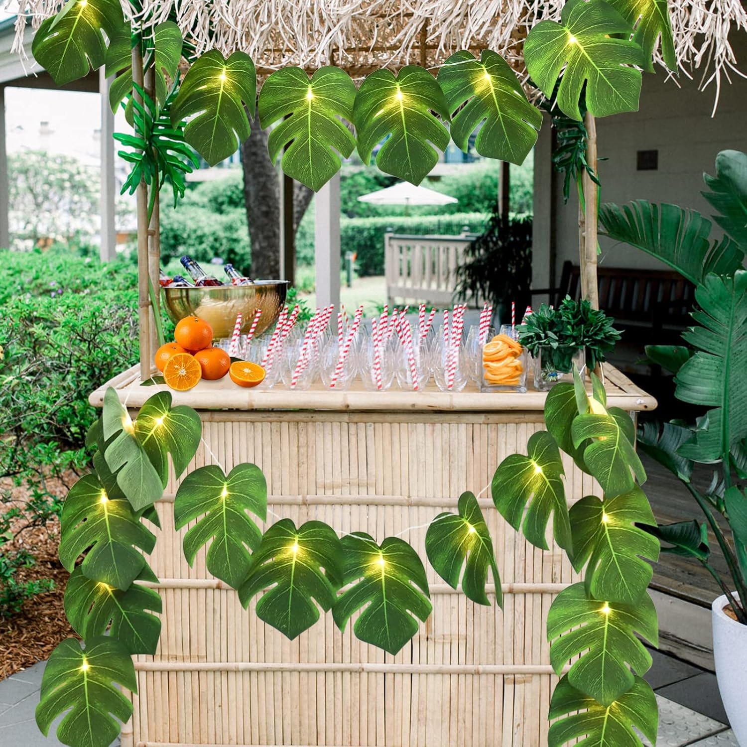 RECUTMS 2 Pack Artificial Tropical Palm Leaves String Lights, Large Size 20 LED Monstera Green Leaf Hanging Vine Greenery,Indoor Hawaiian Luau Jungle Beach Safari Baby Shower Party Spring Summer Decor-VerdiqueGarden