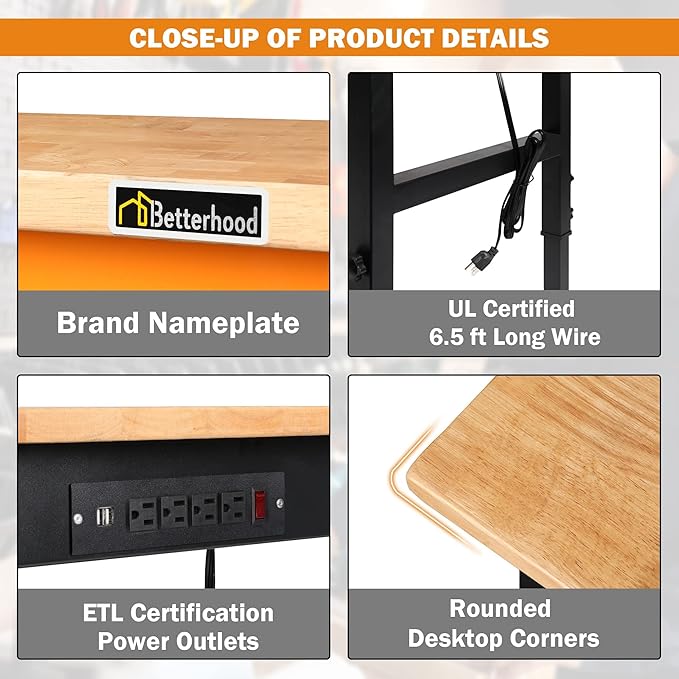 60" Adjustable Workbench for Garage, Rubber Wood Heavy Duty Workstation with Power Outlets & Wheels, 2000 LBS Load Capacity Hardwood Worktable for Workshop, Garage, Office, Home, Commercial-VerdiqueGarden