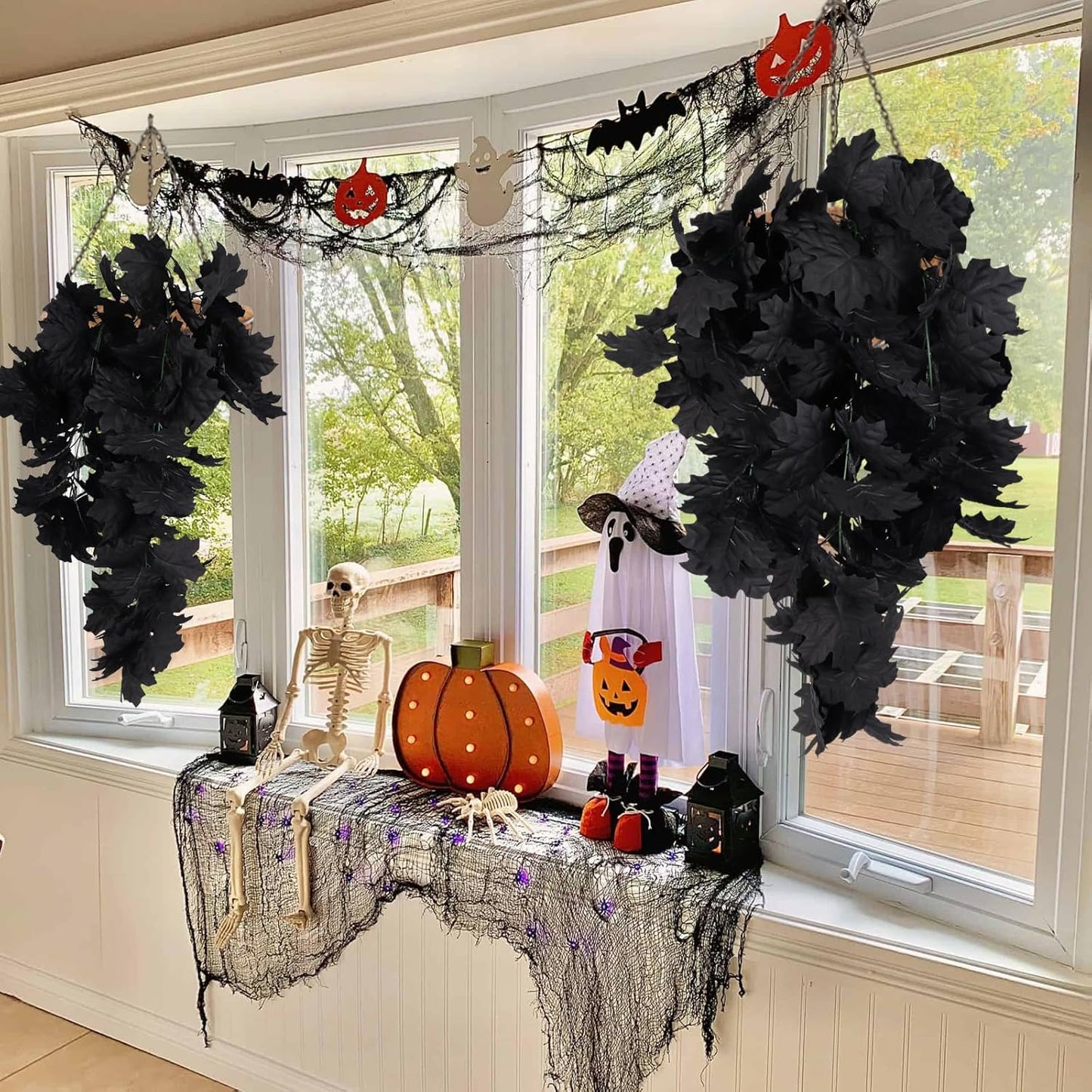 RECUTMS Black Maple Leaf Garland 2PCS Artificial Hanging Fall Halloween Maples Leaves Swag Plants 2.5ft Faux Silk Autumn Garlands for Indoor Outdoor Thanksgiving Party Home Room Fireplace Patio Decor-VerdiqueGarden