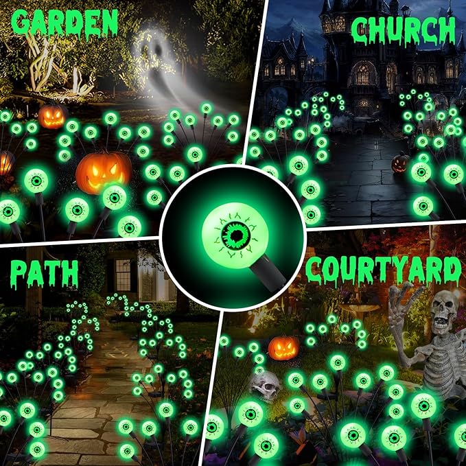 ASMAD Halloween Decorations Outdoor Solar Scary Eyeball Lights, 4Pack 32LEDs Green Eyeball Swaying Firefly Light, Waterproof Halloween Path Lights for Garden/Yard/Patio/Party Decor-VerdiqueGarden
