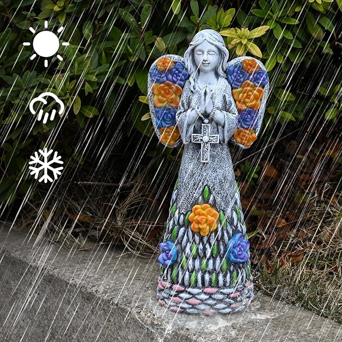 Yiosax-Garden Angels Outdoor Statue-Solar Lights Decor - Solar Angels for Cemetery Grave Cross Praying Succulent Wings Remembrance Angel Figurine Lawn Yard Decorations, White, Yiosax-Angel04-VerdiqueGarden