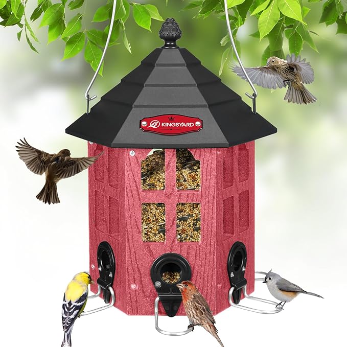 Kingsyard Wild Bird Feeder for Outdoor Hanging, Recycled Plastic Bird Feeders with 6 Ports & U-Shape Perch, Garden Yard Outside Decoration, 3.5 lbs Seed Capacity, Red-VerdiqueGarden
