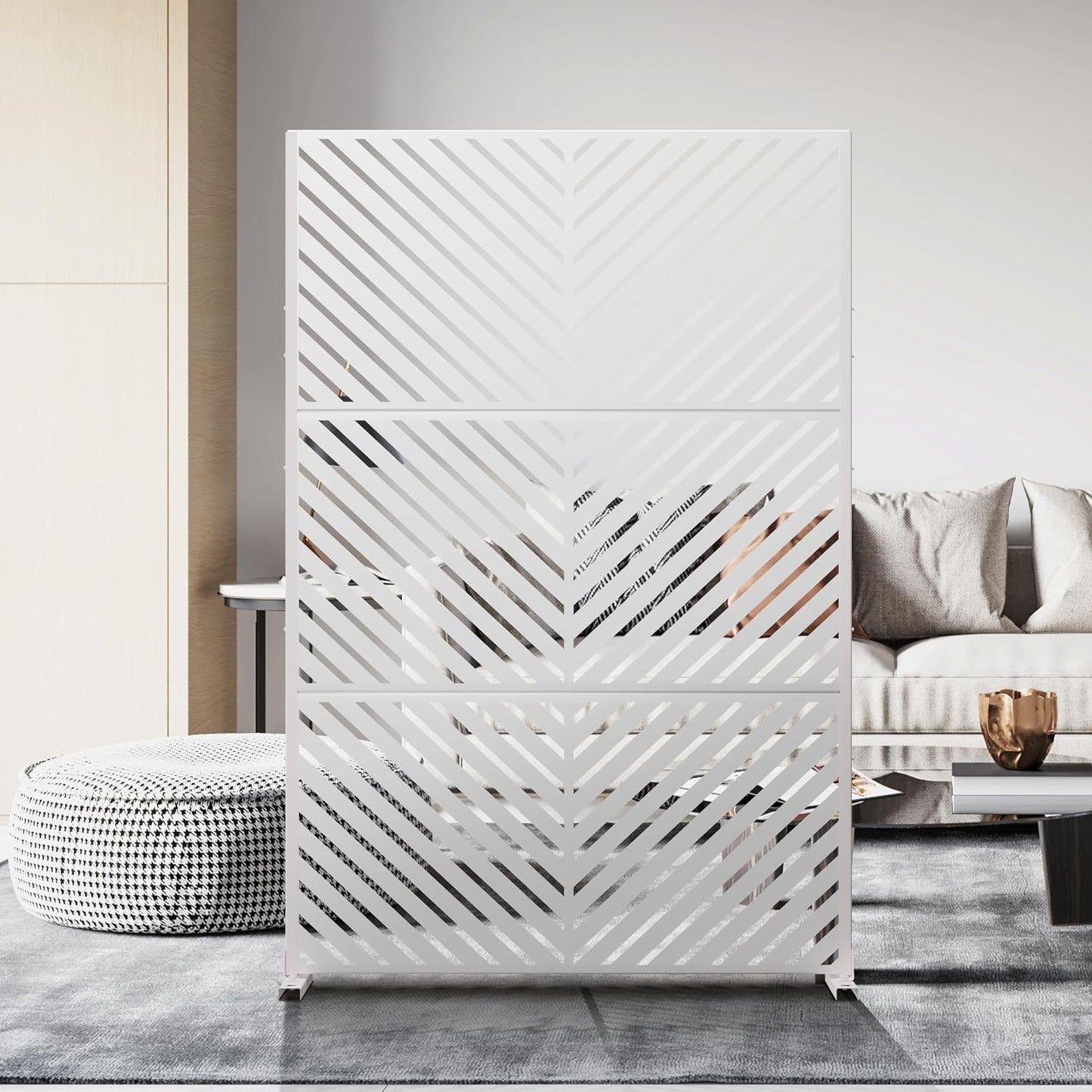 Metal Privacy Screen Outdoor 72" H×47" W,Freestanding Decorative Privacy Screen for Balcony Yard&Garden, Privacy Fence-White&Arrow-VerdiqueGarden