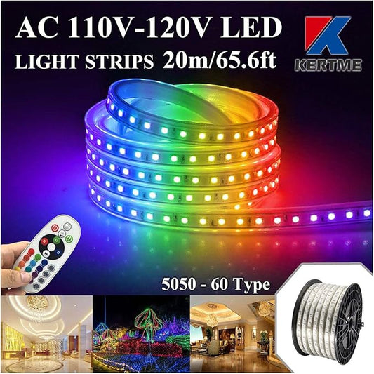5050-60 Type AC 110-120V RGB LED Strip Lights, Flexible/Waterproof/Dimmable/Multi-Colors/Multi-Modes LED Rope Light + 24 Keys Remote for Home/Garden/Building Decoration (65.6ft/20m, RGB)-VerdiqueGarden