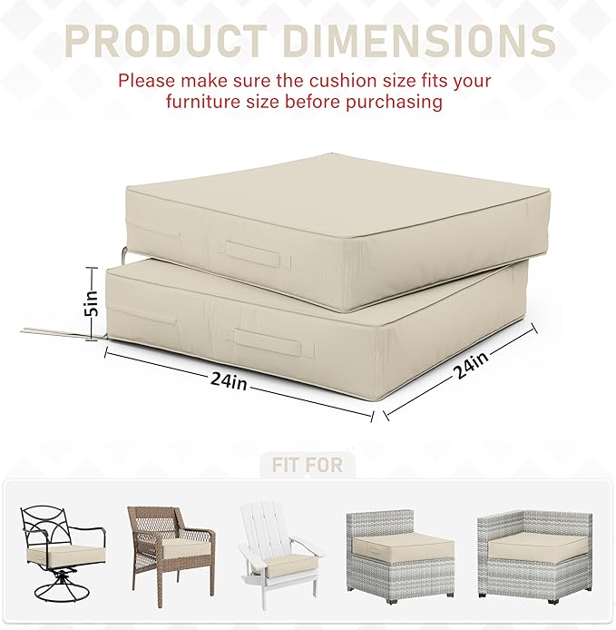 Patio Chair Cushions 24 X 24 X 5 Inch Waterproof Outdoor Seat Cushions for Patio Furniture, Outdoor Sofa Couch Pads with Ties & Handle, Set of 2, Cream-VerdiqueGarden