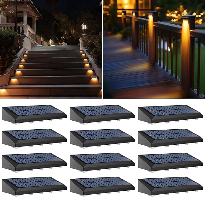 Solar Fence Lights Outdoor Waterproof IP65, 12 Pack Fence Lights Solar Powered 60 Lumens Auto On/Off Step Wall Lights Outside Decorations for Yard, Porch, Patio, Stairs, Pool, Deck, Garden- Warm Light-VerdiqueGarden