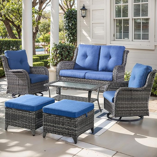 Outdoor Wicker Patio Furniture Set - 6 Piece Rattan Patio Conversation Set with 2 Rocking Swivel Chairs,2 Ottomans,1 Loveseat and 1 Coffee Table for Porch Deck Backyard Garden(Mixed Grey/Blue)-VerdiqueGarden