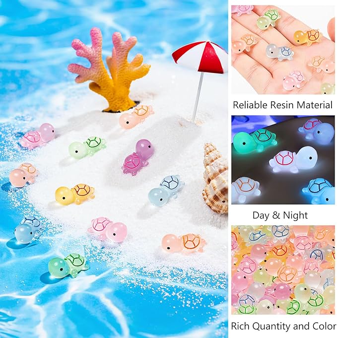 102PCS Luminous Mini Resin Turtles Sea Turtles Figurines Glow in The Dark, Cute Tiny Turtles Bulk for Cake Toppers Ocean Animal Theme Decor Garden Micro Landscape DIY Hidden Game (6 Colors)-VerdiqueGarden